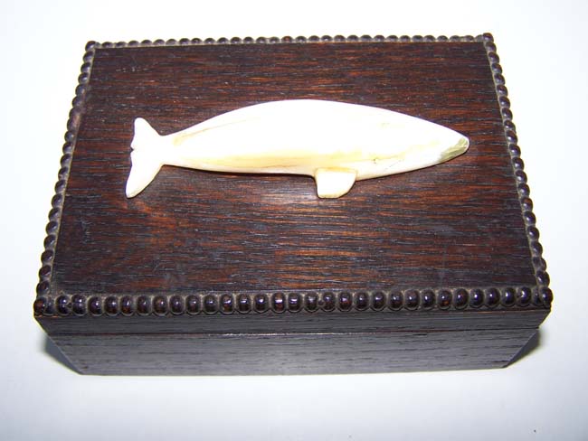 A late 19th century ANTIQUE Box with beaded edge and having a walrus ivory gray whale on the lid — image 2